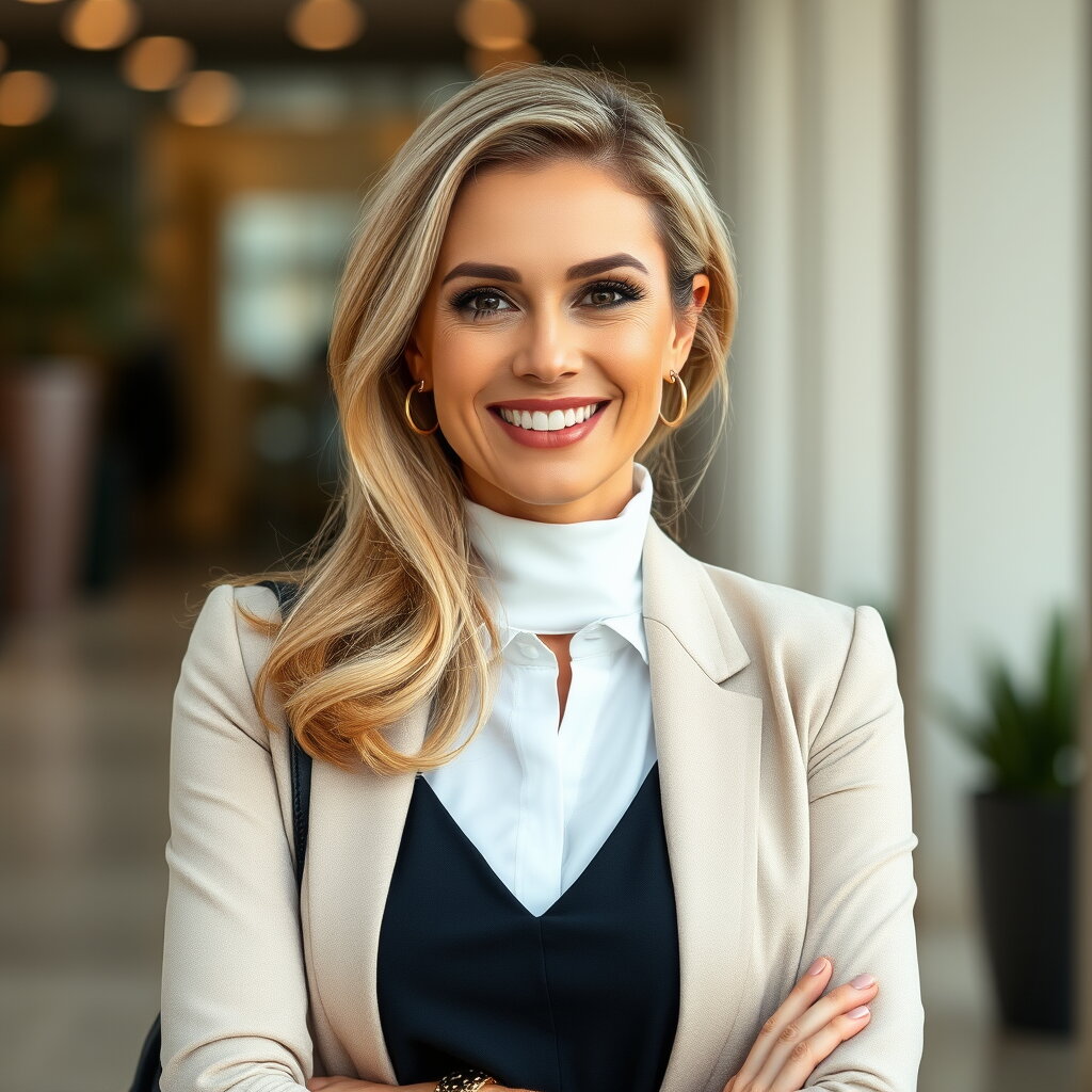 AIArtaWeb-generated-file (1) Professional woman in beige blazer smiling at camera in office setting