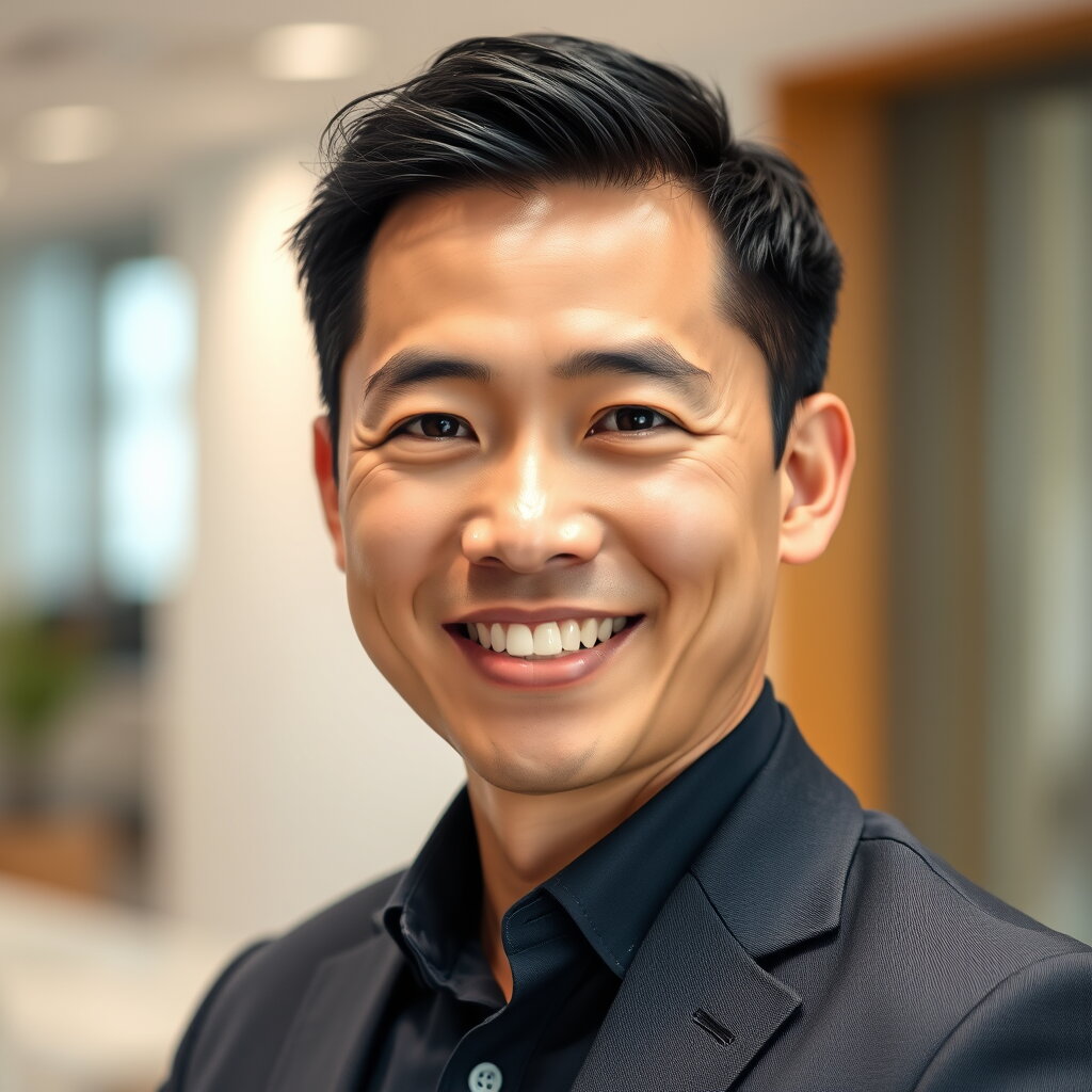 AIArtaWeb-generated-file (2) Man with black hair and warm smile wearing dark blazer in office setting