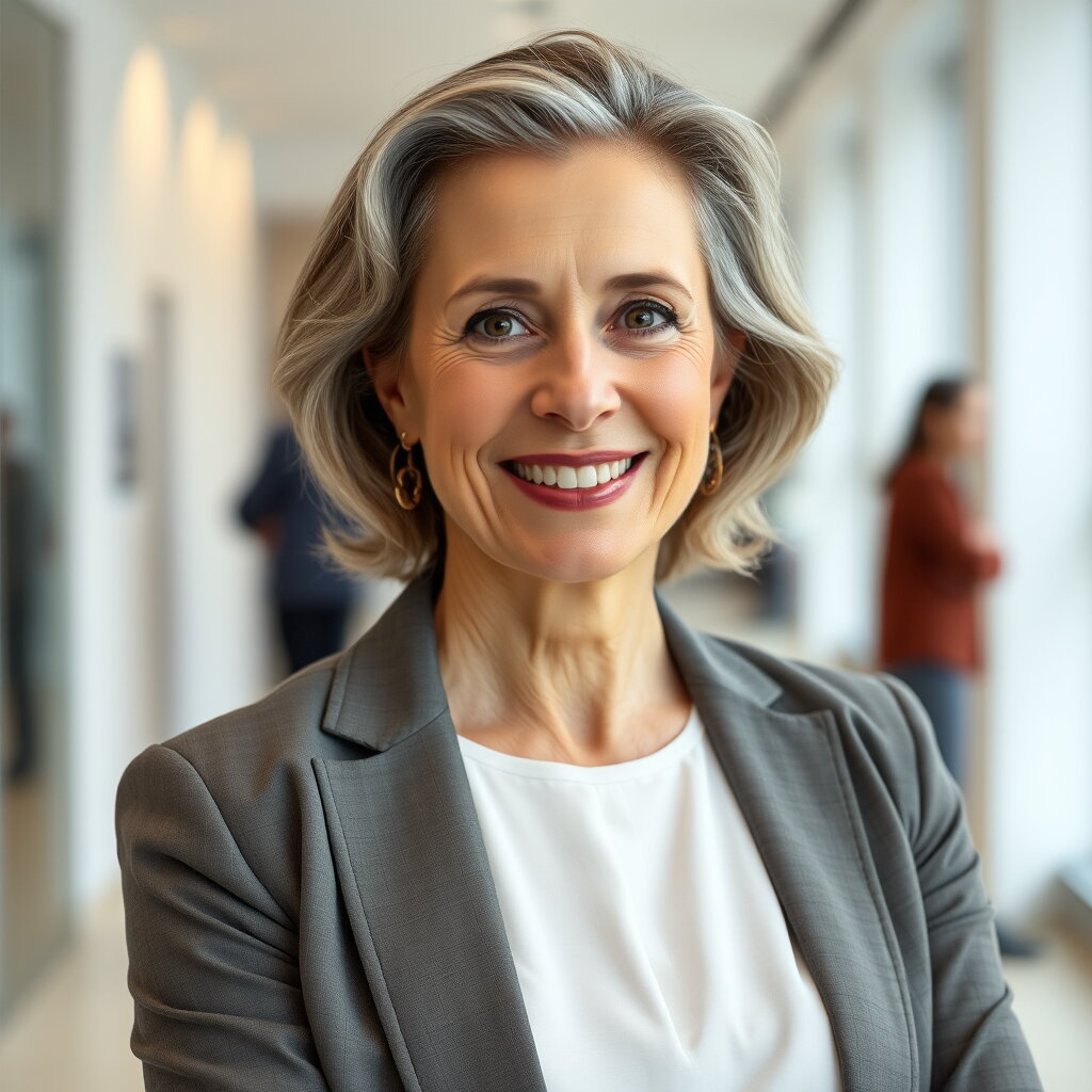 AIArtaWeb-generated-file Professional woman in gray blazer smiling at office hallway