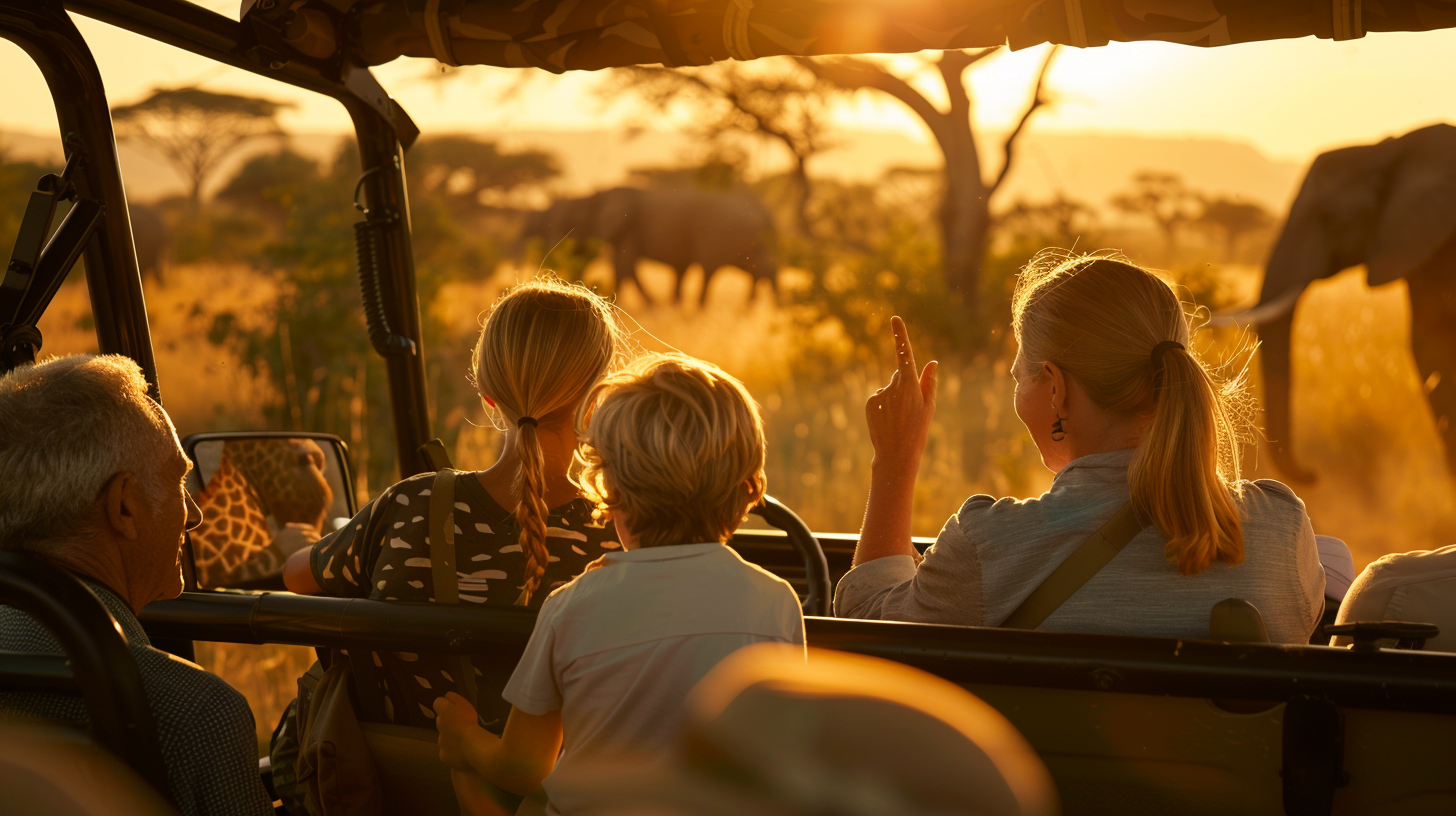 daveupton_multi-generational_family_on_African_safari_grandpa_6183230d-8fb5-4022-951a-dd9d0504b2bd_0 Family watching wildlife during golden hour safari game drive in Africa