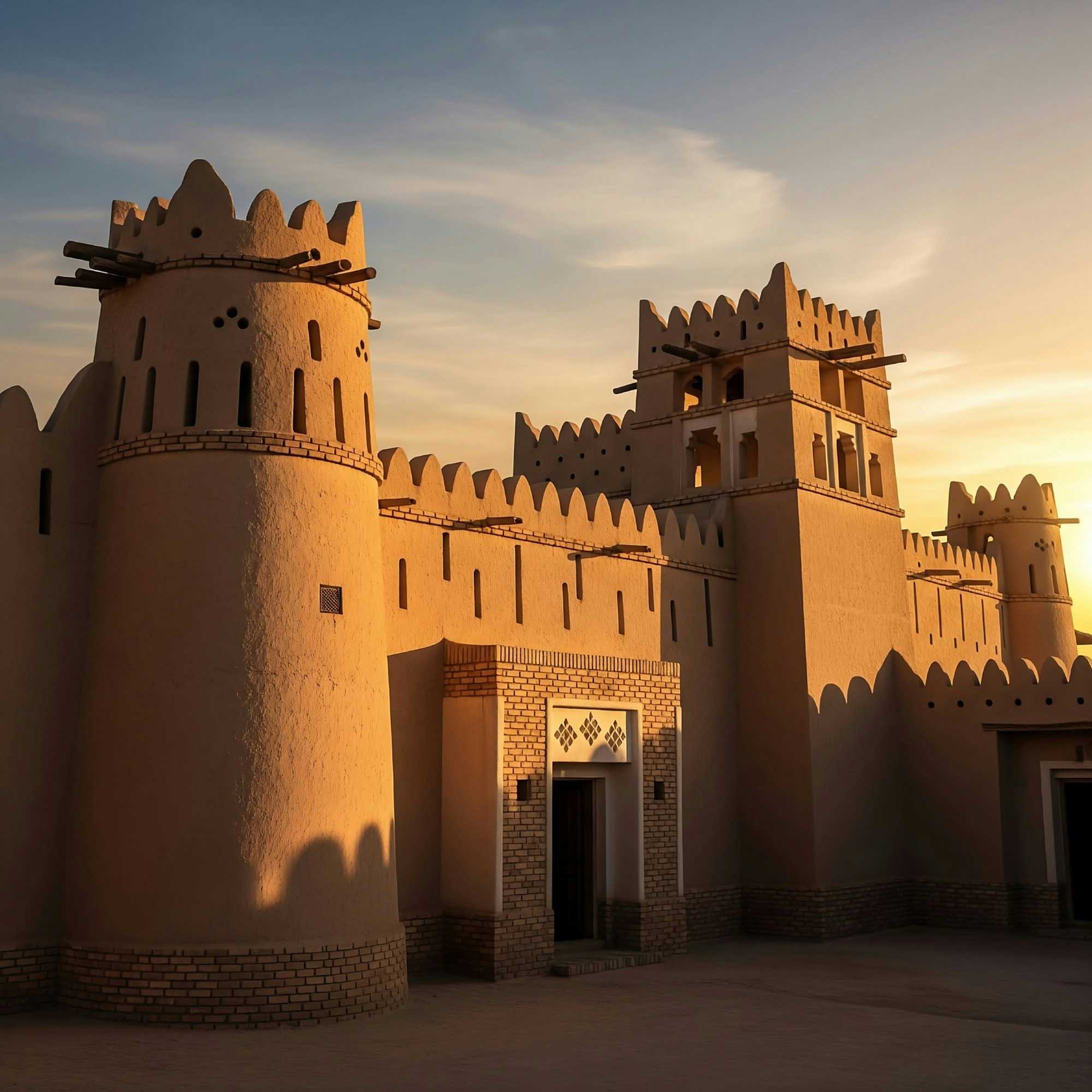 A striking view of Al-Masmak Fort in Riyadh, Saudi Arabia, illuminated by warm golden sunlight